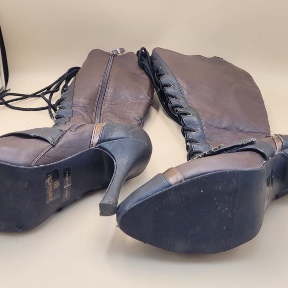 Ellie brown 4" Heels womens Steampunk knee boots Size 8 Grunge Goth Zip And Tie - Picture 8 of 15